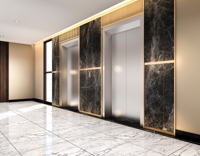 corridor with elevators on the side